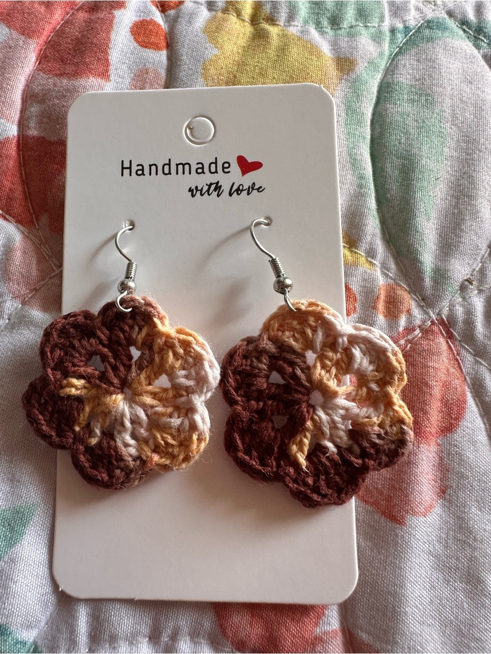 Handmade Flower Crochet Drop Earrings - Brown & Cream